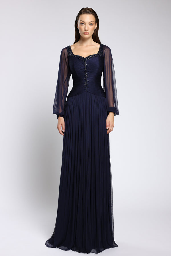 Rochie de seara din tul de matase cu maneci transparente Lunara CA149