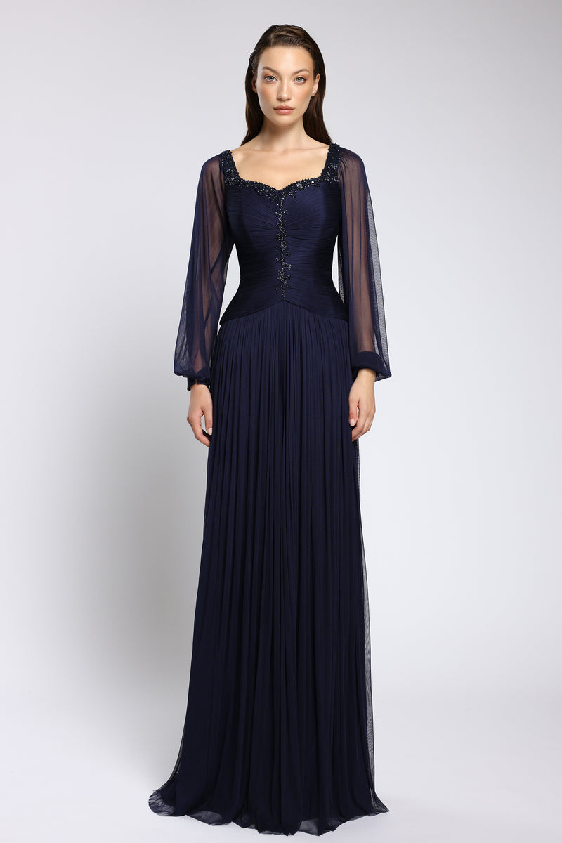 Rochie de seara din tul de matase cu maneci transparente Lunara CA149