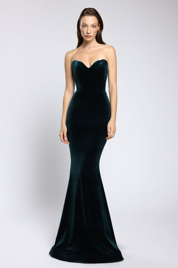 Rochie lunga tip sirena, din catifea, cu trena spectaculoasa și corset structurat Enya CA177