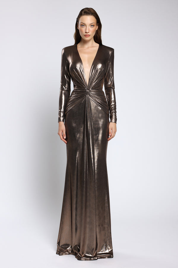 Rochie de seara metalica cu drapaj și umeri definiti Liora CA165