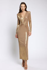 Rochie de cocktail din lycra metalic, cu drapaj arhitectural și decolteu Vega CA180
