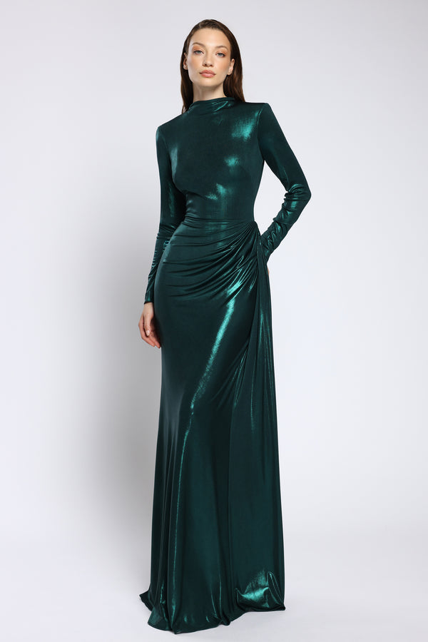 Rochie de seara lunga din lycra metalic cu maneci lungi Nyssia CA167