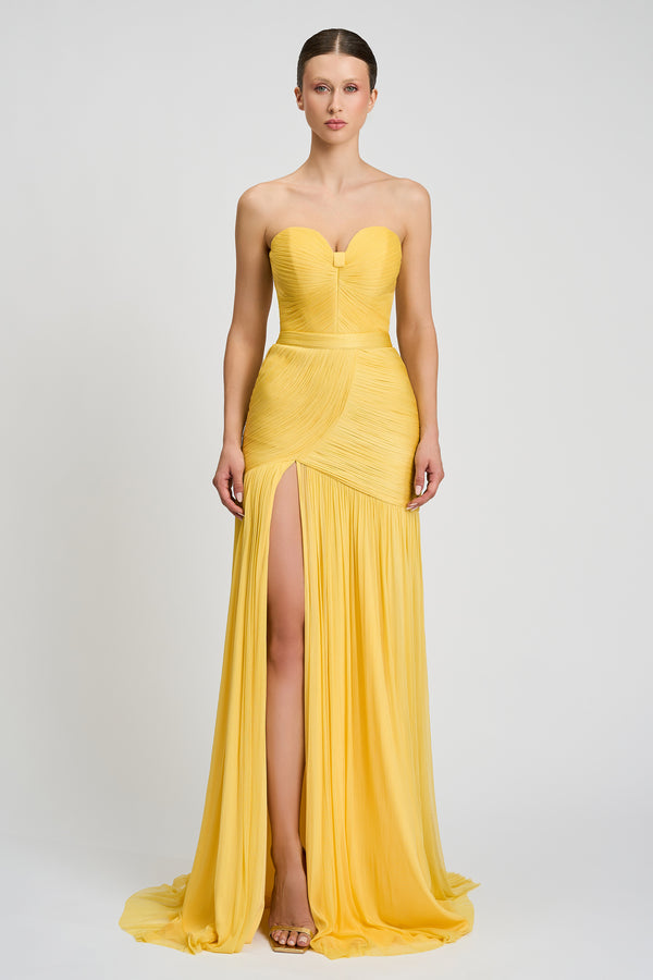 Rochie de seara lunga din fronseuri din matase si slit frontal Calista CA156