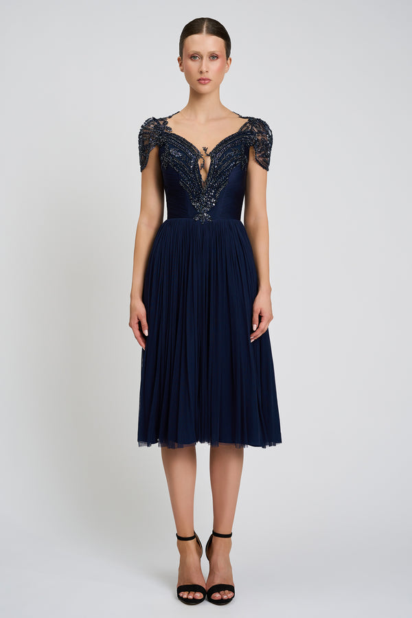 Rochie de cocktail realizata din tul de matase natural si broderie cu aplicatii Seraphina CA157