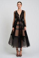 Rochie de cocktail din benzi de paiete si broderie cu aplicatii cusute manual CA1401