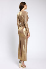 Rochie de cocktail din lycra metalic, cu drapaj arhitectural și decolteu Vega CA180