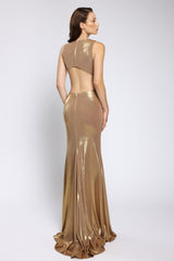 Rochie sirena de seara din lycra metalic, cu decolteu și trena spectaculoasa Seraphina CA166
