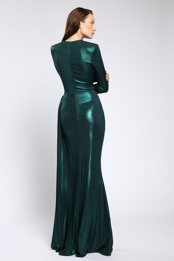 Rochie de seara lunga din lycra metalic cu maneci lungi Nyssia CA167