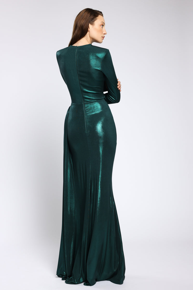 Rochie de seara lunga din lycra metalic cu maneci lungi Nyssia CA167