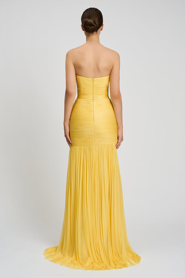 Rochie de seara lunga din fronseuri din matase si slit frontal Calista CA156