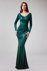 Rochie de seara cu decolteu in V si maneci lungi din lycra metalica Afterglow CA199