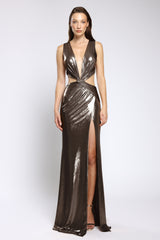 Rochie sirena de seara din lycra metalic, cu decolteu și trena Seraphina CA166