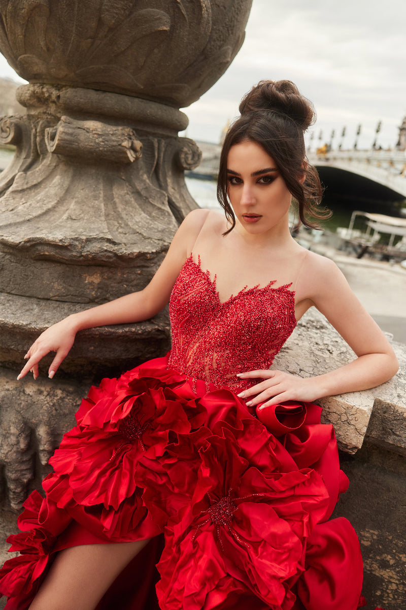 Rochie de seara lunga cu maneci lungi realizata din dantela import Franta Reina del Fuego CA135