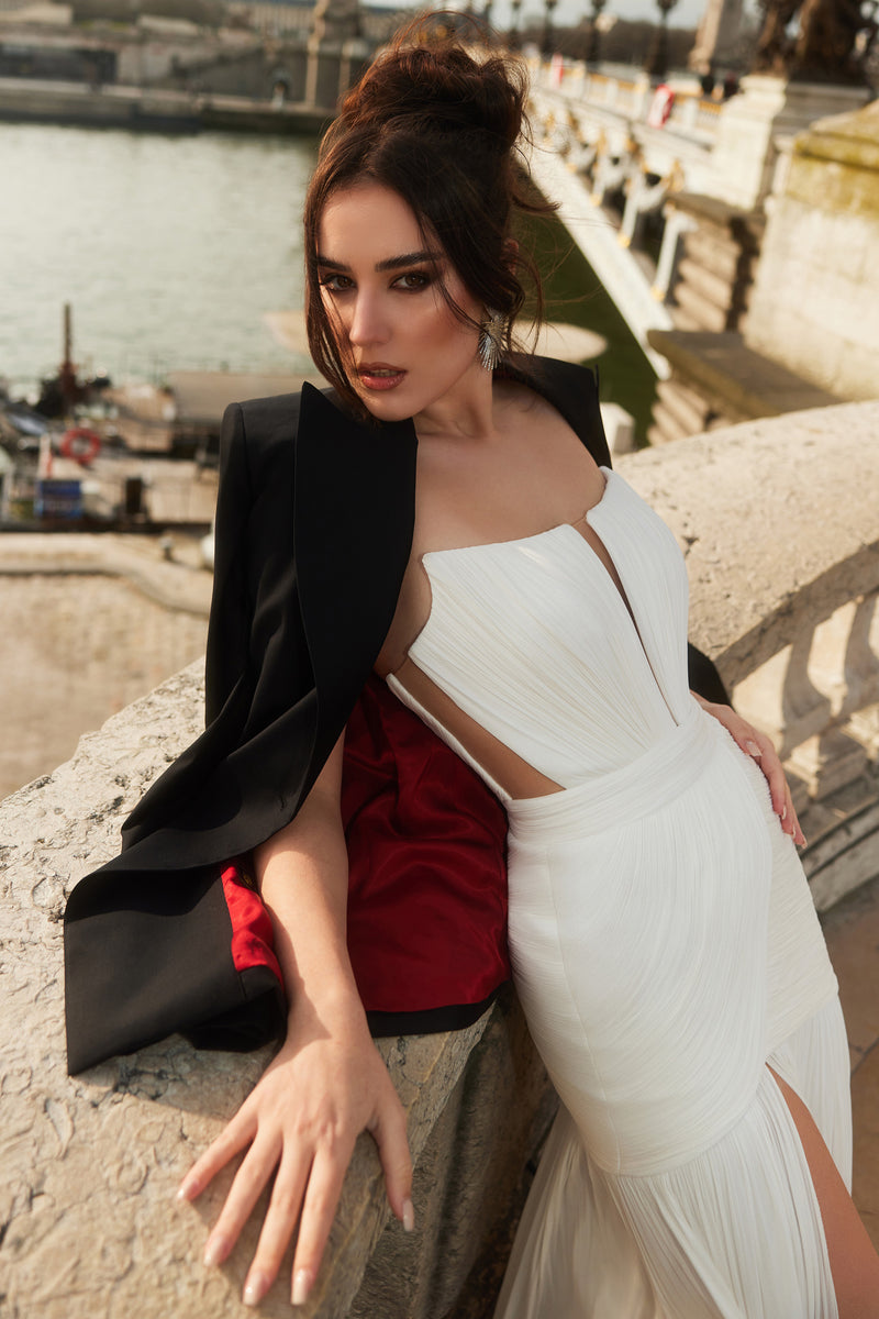 Rochie de seara lunga din fronseuri din matase si slit frontal Ivanka CA582