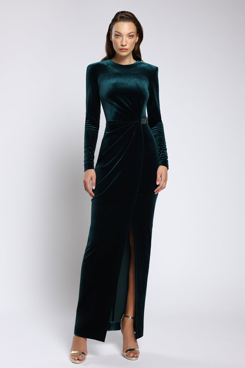 Rochie midi de cocktail din catifea cu broderie manuala și slit frontal Vera CA172
