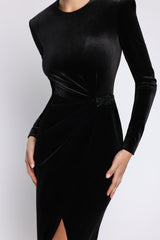 Rochie midi de cocktail din catifea cu broderie manuala și slit frontal Vera CA172