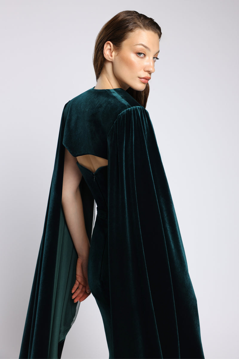 Rochie lunga tip sirena, din catifea, cu trena spectaculoasa și corset structurat Enya CA177