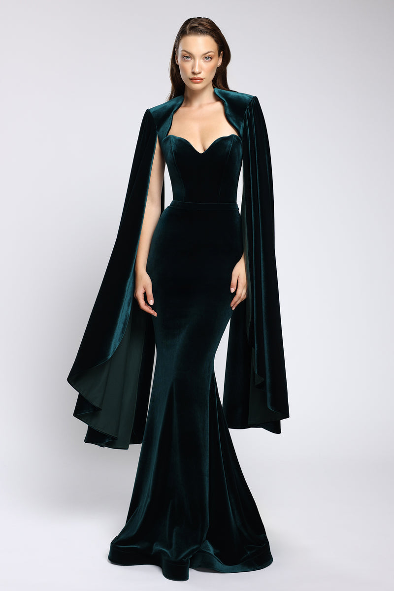 Rochie lunga tip sirena, din catifea, cu trena spectaculoasa și corset structurat Enya CA177