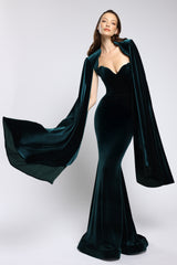 Rochie lunga tip sirena, din catifea, cu trena spectaculoasa și corset structurat Enya CA177