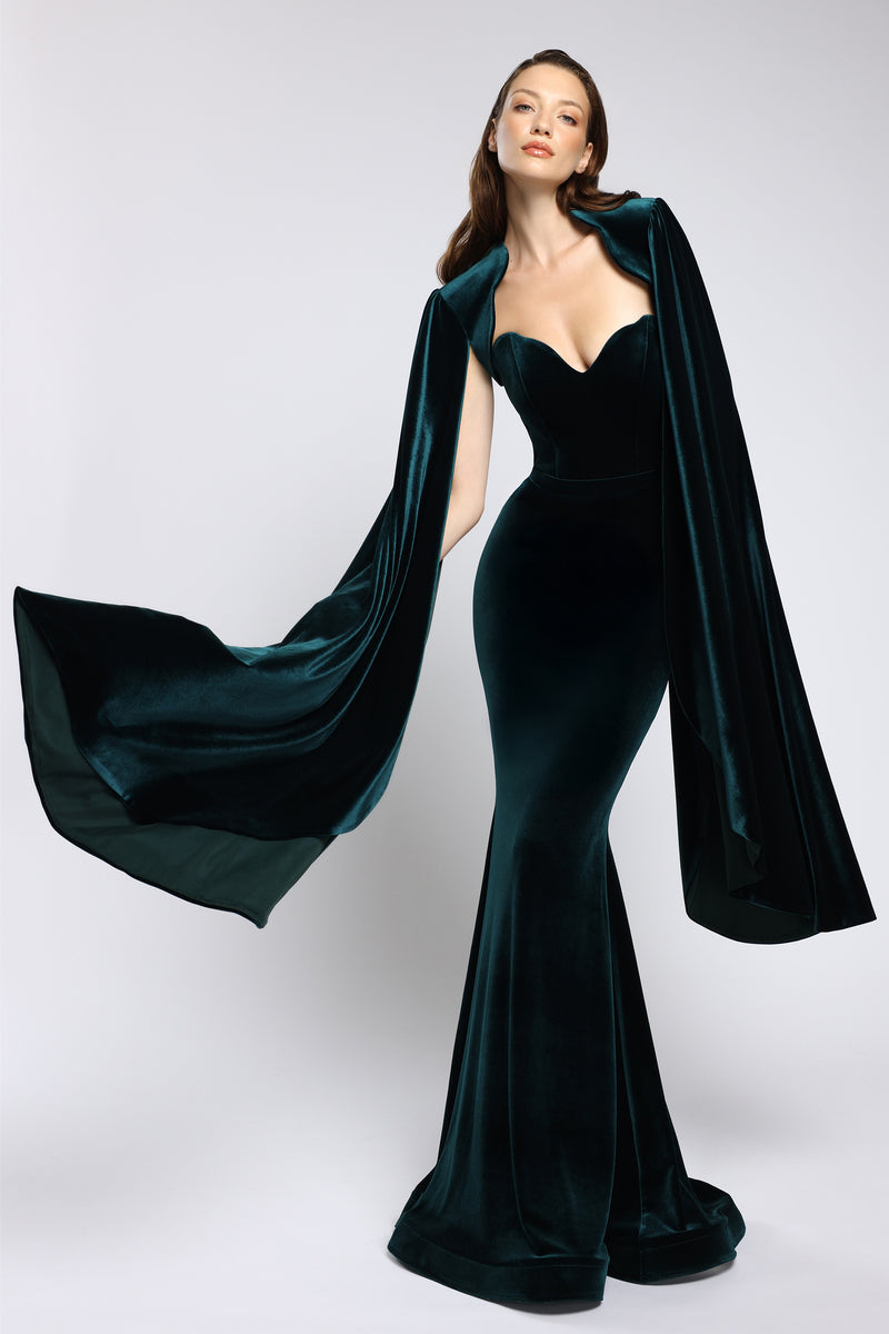 Rochie lunga tip sirena, din catifea, cu trena spectaculoasa și corset structurat Enya CA177
