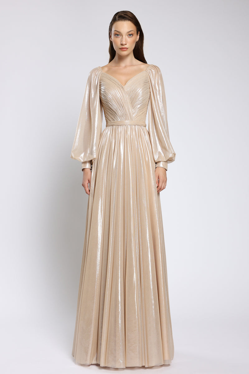 Rochie lunga de seara din tulle metalic, cu corset si detalii realizate manual Viona CA181