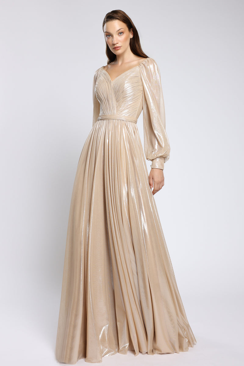 Rochie lunga de seara din tulle metalic, cu corset si detalii realizate manual Viona CA181