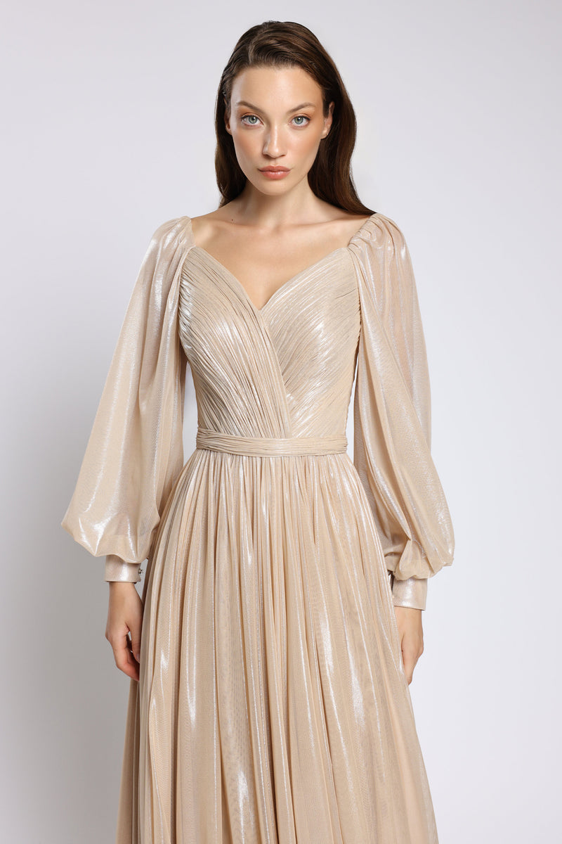 Rochie lunga de seara din tulle metalic, cu corset si detalii realizate manual Viona CA181