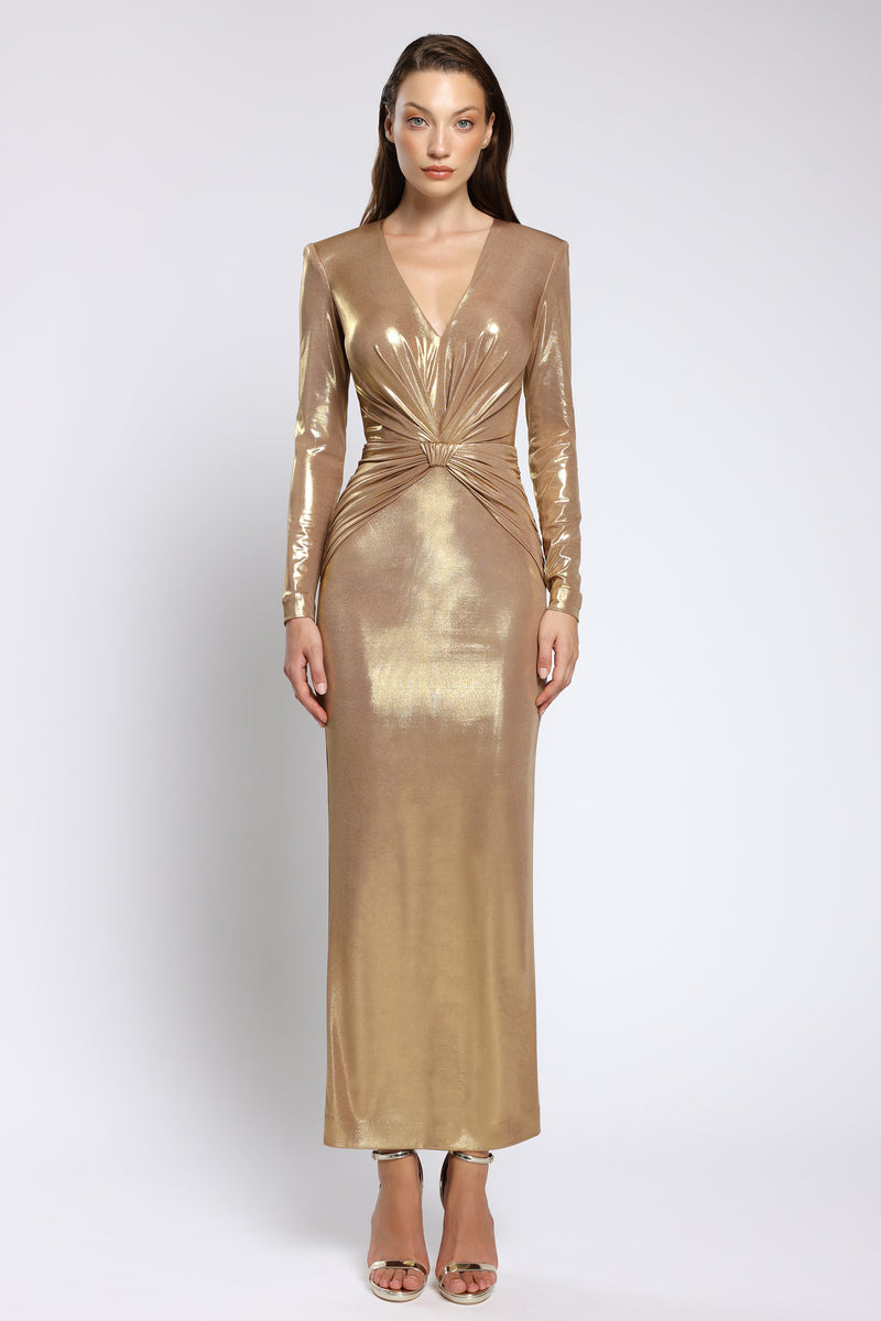 Rochie de cocktail din lycra metalic, cu drapaj arhitectural și decolteu Vega CA180