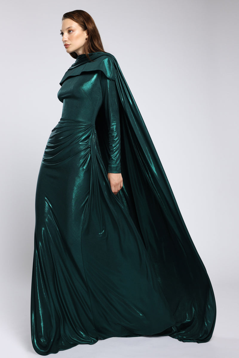 Rochie de seara lunga din lycra metalic cu maneci lungi Nyssia CA167