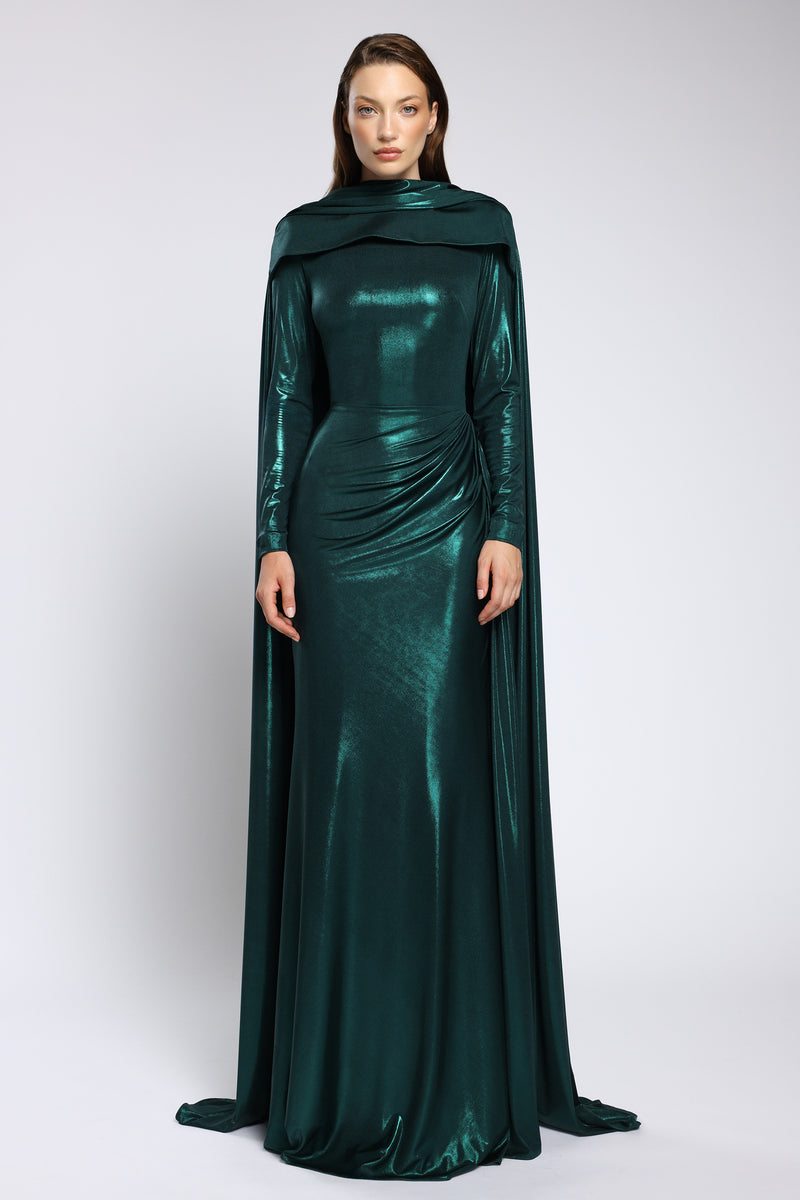 Rochie de seara lunga din lycra metalic cu maneci lungi Nyssia CA167