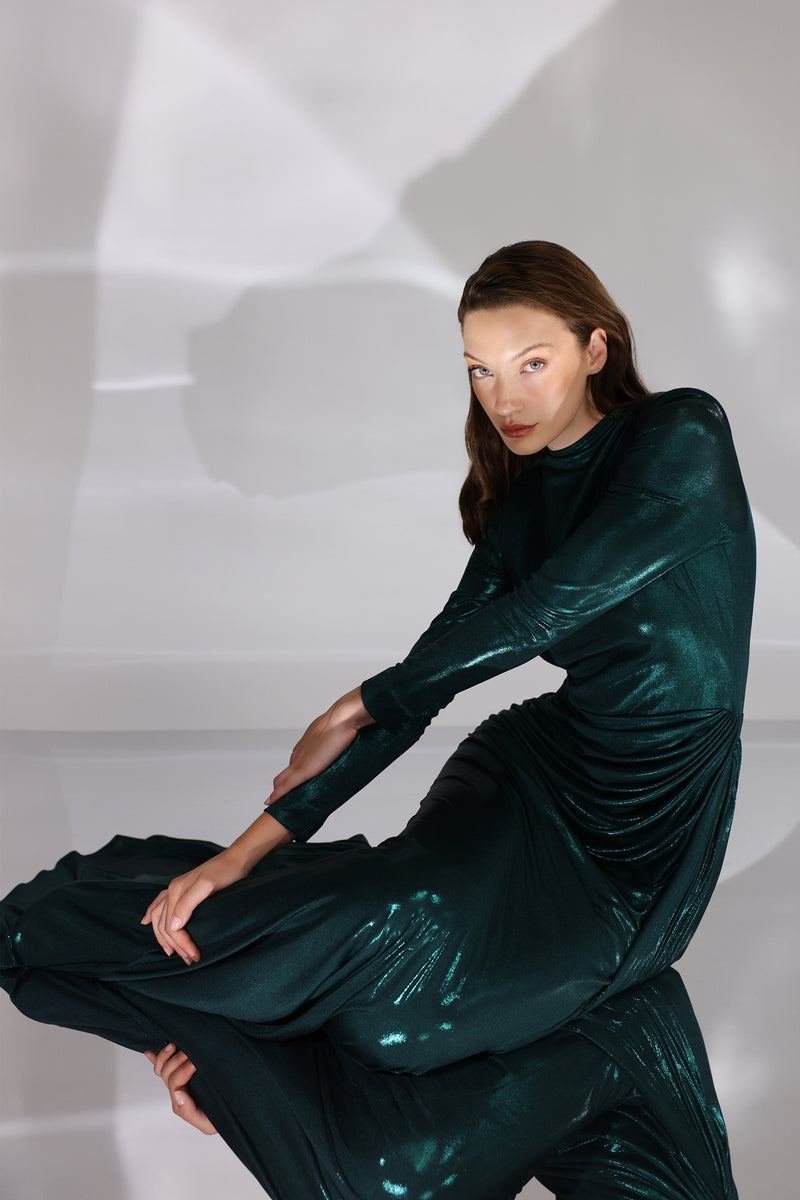 Rochie de seara lunga din lycra metalic cu maneci lungi Nyssia CA167