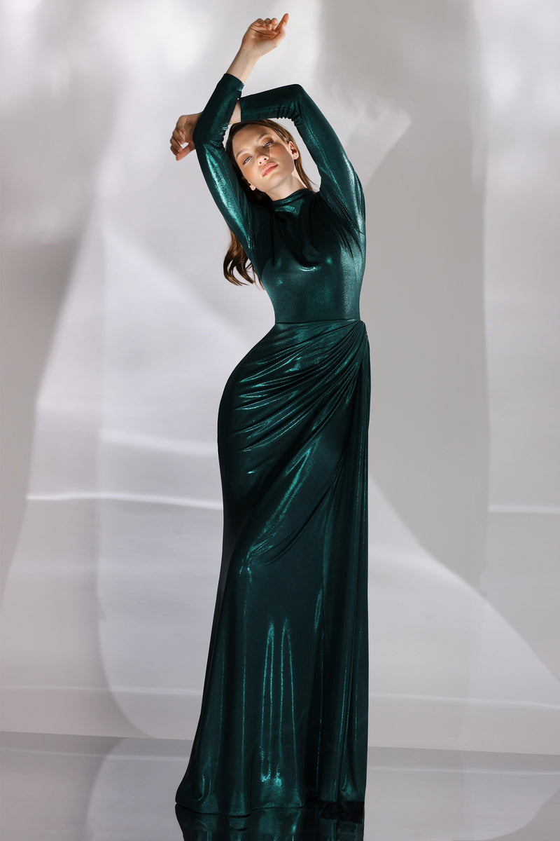 Rochie de seara lunga din lycra metalic cu maneci lungi Nyssia CA167