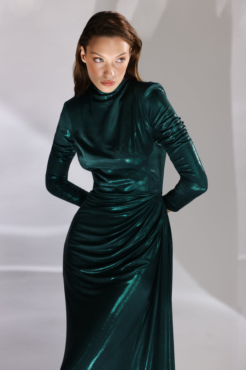 Rochie de seara lunga din lycra metalic cu maneci lungi Nyssia CA167