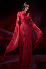 Rochie de seara lunga cu maneci vaporoase din chiffon de matase metalizat Halo CA191