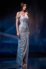 Rochie din tul metalic cu umeri cazuti si crapatura Muse CA186