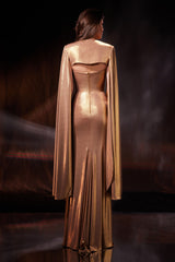 Rochie de seara cu falduri si croiala cambrata din lycra metalica Starlet CA192