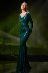 Rochie de seara cu decolteu in V si maneci lungi din lycra metalica Afterglow CA199