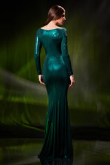 Rochie de seara cu decolteu in V si maneci lungi din lycra metalica Afterglow CA199