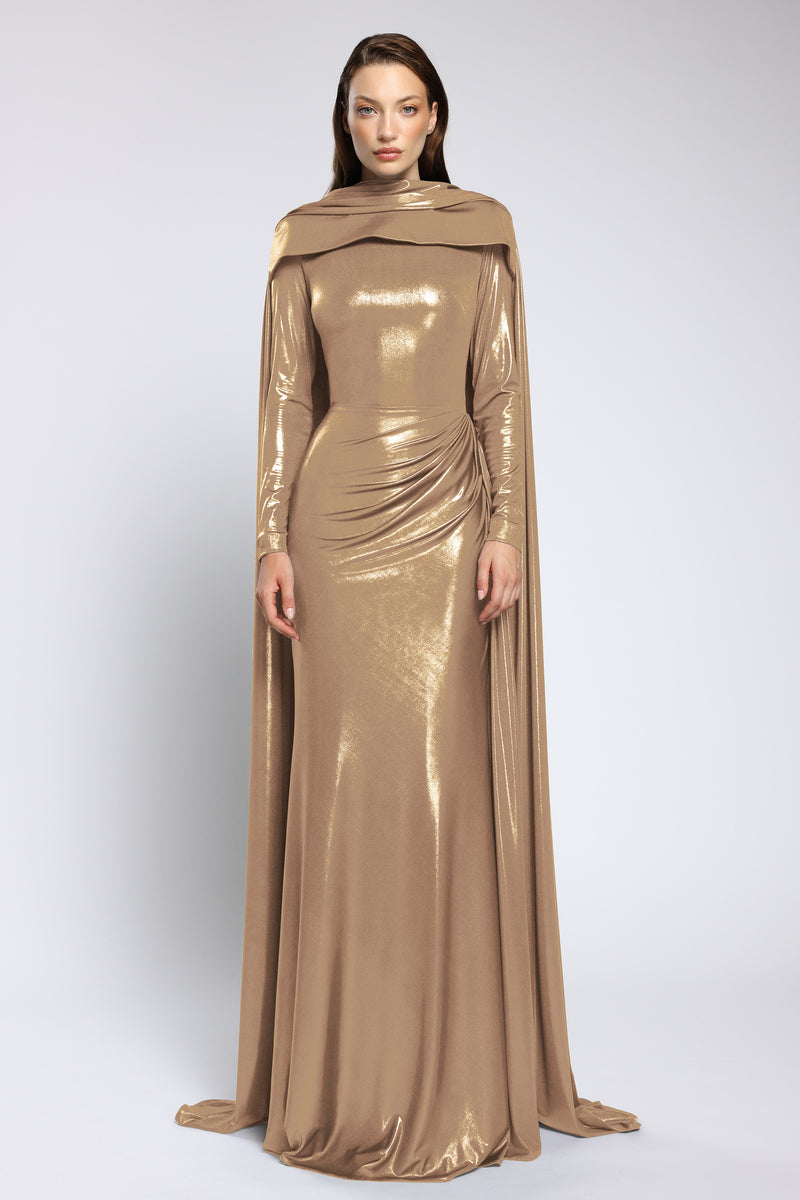 Rochie de seara lunga din lycra metalic cu maneci lungi Nyssia CA167