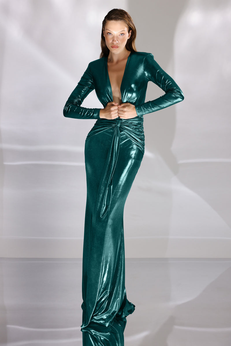 Rochie de seara din lycra metalic cu maneci lungi Liora CA165