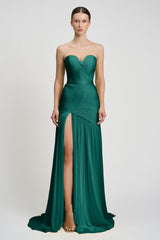 Rochie de seara lunga din fronseuri din matase si slit frontal Calista CA156
