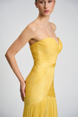 Rochie de seara lunga din fronseuri din matase si slit frontal Calista CA156
