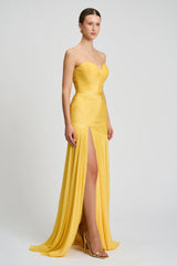 Rochie de seara lunga din fronseuri din matase si slit frontal Calista CA156