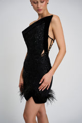 Rochie de cocktail din broderie cu aplicatii cusute manual de origine italiana si catifea CA1421
