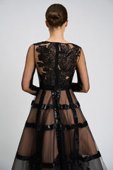 Rochie de cocktail din benzi de paiete si broderie cu aplicatii cusute manual CA1401