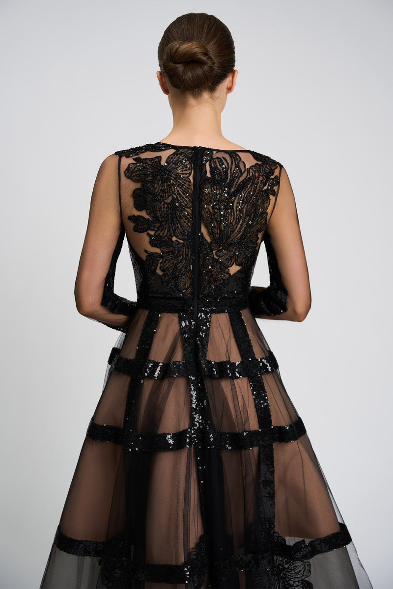 Rochie de cocktail din benzi de paiete si broderie cu aplicatii cusute manual CA1401