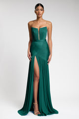 Rochie de seara lunga din fronseuri din matase si slit frontal Ivanka CA582
