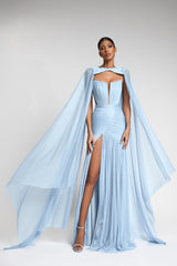 Rochie de seara lunga din fronseuri din matase si slit frontal Ivanka CA582