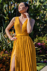 Rochie lunga de seara din sifon de matase pura cu efect metalic CA1400