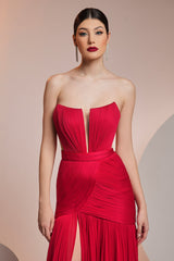 Rochie de seara lunga din fronseuri din matase si slit frontal Ivanka CA582